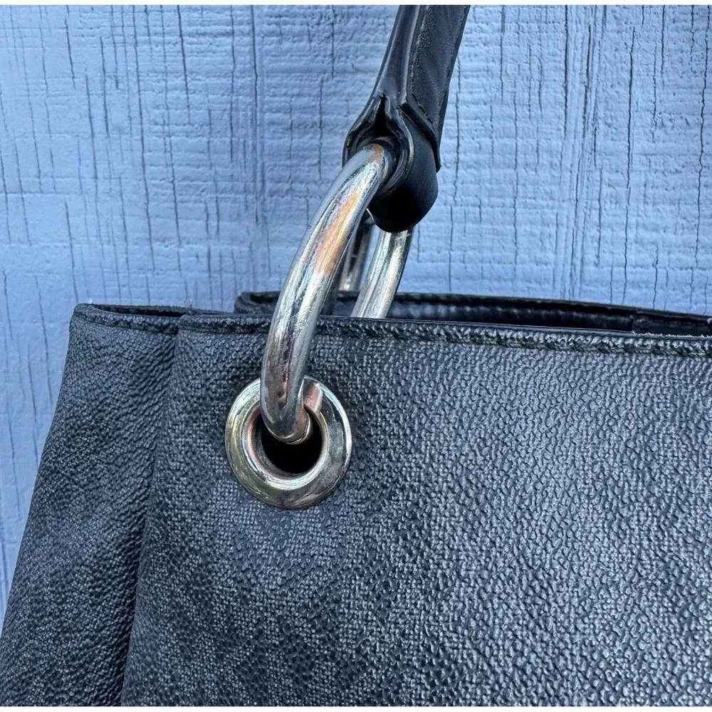 Michael Kors Black Monogram Logo Shoulder Bag Tote Silver Hardware MK Charm - Picture 8 of 11